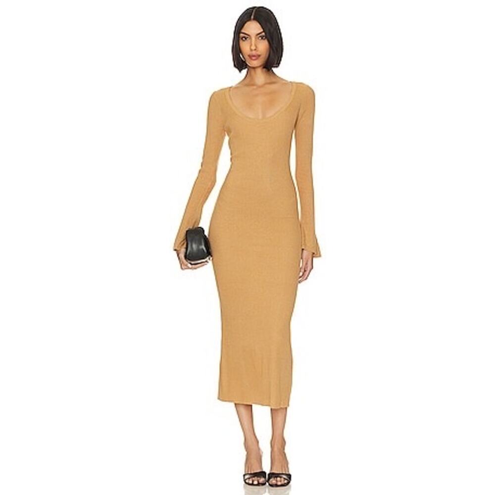 NWT Caroline Constas Camel Tan Cassandra Fitted Ribbed Knit Dress Size Medium